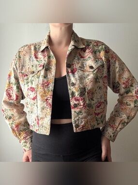 Liz Claiborne Lizwear Petite faded floral grunge pastel cropped jean jacket